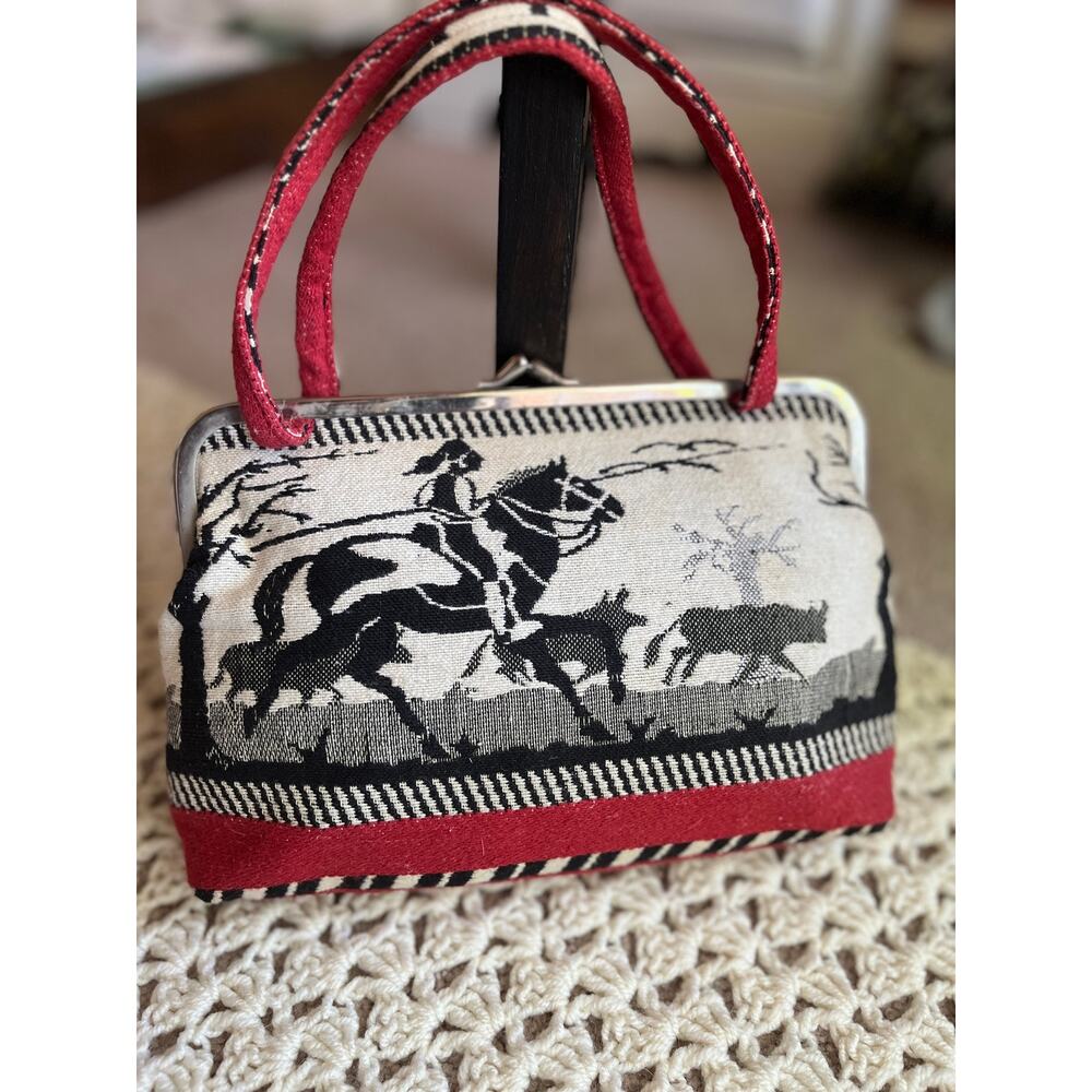 Vintage 70s Top Handle Purse Handbag Woven Rancher Horse Cows Cowboy